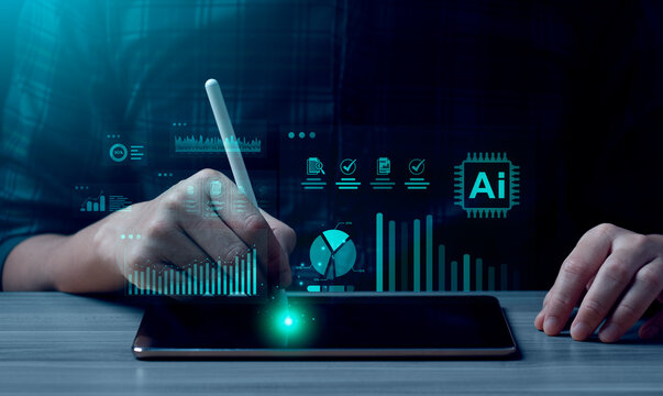 AI-powered business analytics dashboard on digital tablet with pie charts, graphs, checklists. Hand using stylus to analyze data and performance metrics. Artificial intelligence and automation concept