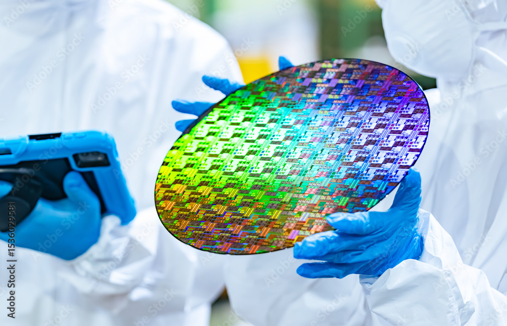 Aufkleber 半導体工場でタブレットを持ってシリコンウエハーを検査する防護服を着た男女作業員