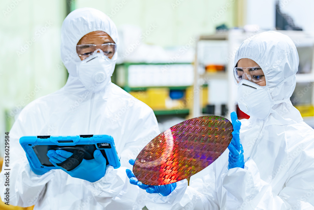 Aufkleber 半導体工場でタブレットを持ってシリコンウエハーを検査する防護服を着た男女作業員
