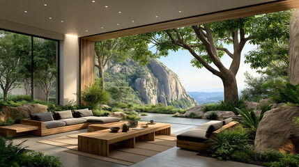 Serene Retreat with Mountain View: A tranquil interior space seamlessly blends with the outdoor landscape. Offering a harmonious sanctuary for relaxation and contemplation. with view of the mountain