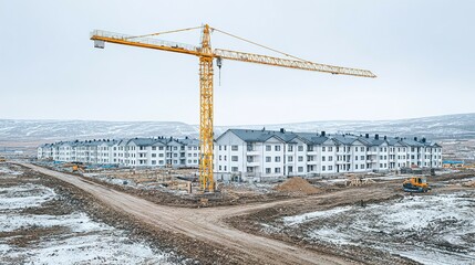 Construction site with crane and apartment buildings under construction.