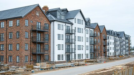 Modern apartment buildings under construction.