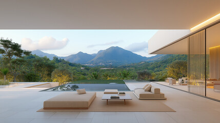 Luxurious Mountain View: A modern architectural marvel merges seamlessly with nature, offering a breathtaking vista of lush green mountains and a serene pool, showcasing opulence and tranquility.