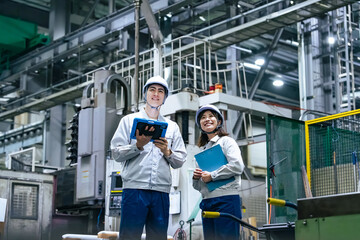 タブレットを持って工場機械を点検する男女作業員