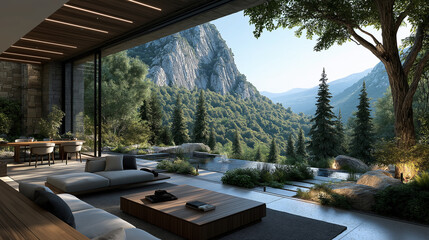 Luxury Living Amidst Nature: An open-plan living room blends seamlessly into a lush mountain landscape through expansive glass windows, offering a serene indoor-outdoor living experience.