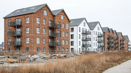 Modern apartment buildings line a waterfront.