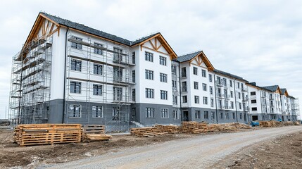 Under construction apartment buildings with scaffolding.