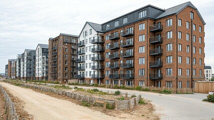 Modern apartment buildings line a paved pathway.