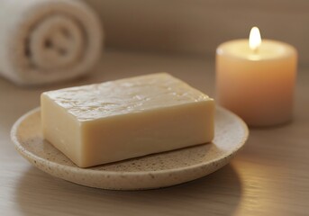 Soap with candle and rolled towel still life