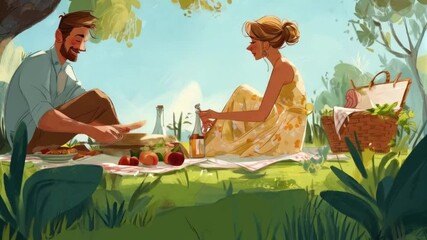 Couple enjoying a picnic under a tree with food and drinks on a blanket on a sunny day in a cartoon style