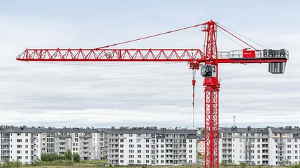 Red construction crane against a backdrop of apartment buildings.