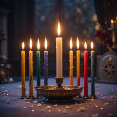 Colorful Hanukkah candles lit in front of a central shamash candle on a table, soft illumination, festive atmosphere