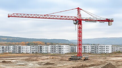 Large red construction crane on a construction site.