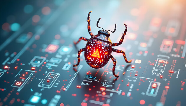 Electronic Beetle Crawling on Circuit Board Technology - Powered by Adobe
