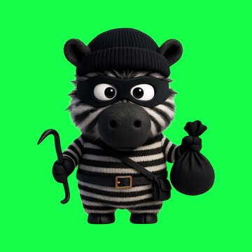 Cute zebra thief character illustration animation, transparent 4K video, green screen