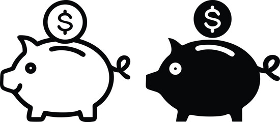 Minimalist Piggy Bank Icon – Stylized Line Art Vector with Coin and Chunky Outline