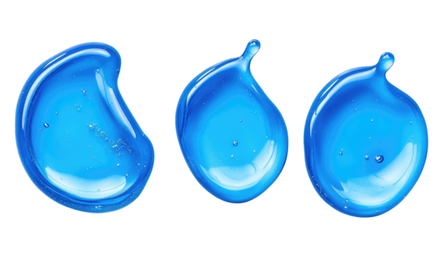 Three blue gel drops, isolated on a black background.