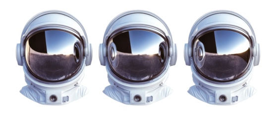 Three astronaut helmets, showcasing reflective visors with a view of a lunar-like landscape.