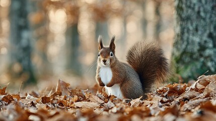 Red squirrel amidst autumn leaves in a forest.
