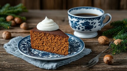 Slice of gingerbread cake with whipped cream topping on a decorative plate.