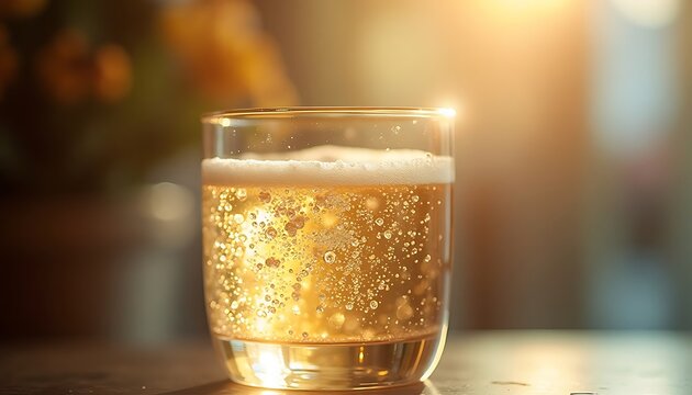 Close up of sparkling golden carbonated drink in clear glass on table