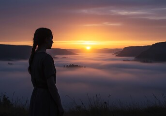 Fototapeta premium Woman watching sunrise over foggy valley landscape
