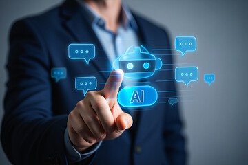 Businessman Interacting with AI Chatbot Interface on Futuristic Screen