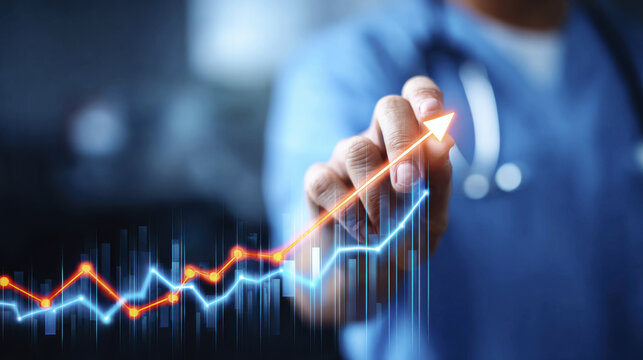Equity chart rising across healthcare sectors with glowing arrow and medical professional background showing growth and success in medical industry