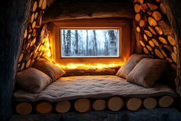 a bed with pillows and lights in a room