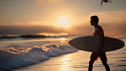 Surfer walks along beach at sunset holding board. Camera follows and pulls back slowly. 4K.
