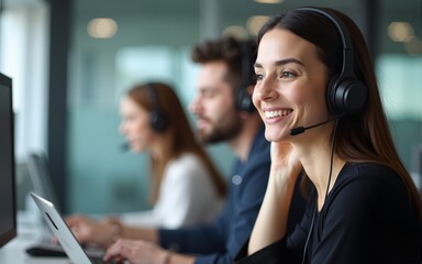 Call center agent with headset collaborating with team members in an office environment. High quality