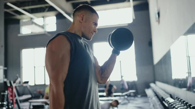 A focused man lifting dumbbells in a modern gym, demonstrating strength training and fitness. The gym setting is equipped with free weights and is well-lit, promoting a healthy lifestyle.