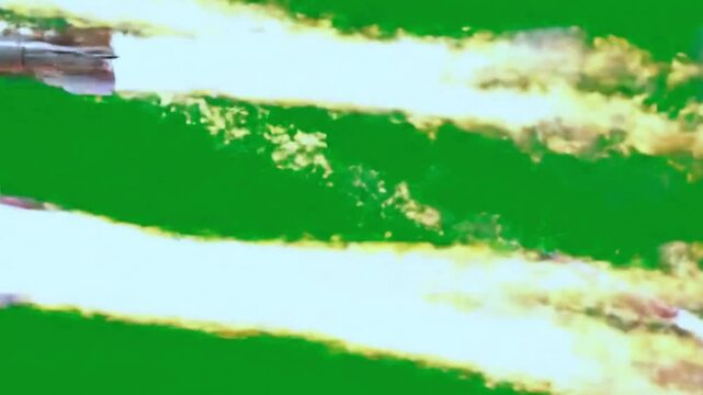 4K Rocket Missiles Launch VFX on Solid Green Screen Background &ndash; Bright Diagonal Light Streaks Like Meteors or Shooting Stars &ndash; Ideal for Visual Effects, Motion Graphics, Sci-Fi, and Professional Vide
