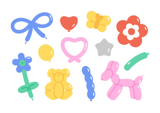 Colorful balloons in various shapes for party and celebrations. Balloon Art illustration set. Cartoon style flat vector clipart.