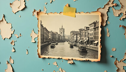 Vintage Canal Scene Photograph on Peeling Wall with Sticky Note