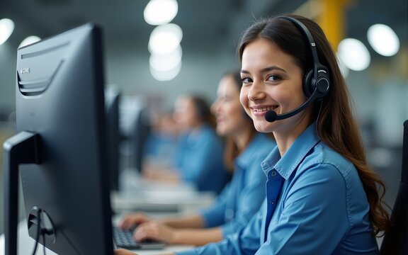 Solar power female engineer giving remote support on headset call in factory, working in customer service call center. Operator sales representative gives assistance, industrial facility.