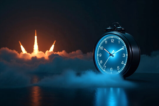 Urgency and Innovation: Glowing Clock and Space Shuttle Liftoff