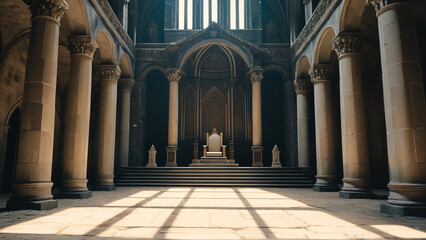 Generated illustration of an ancient throne inside a throne room of a long abandoned kingdom.