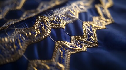 Close-up view of intricate gold and blue fabric.
