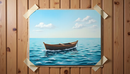 Boat Painting on Wall with Ocean and Sky View Art