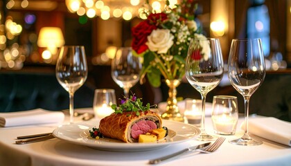 Fototapeta premium Modern Beef Wellington in Michelin-starred style, plated with edible flowers and abstract design. Artistic food photography, asymmetrical layout, elegant fine dining presentation.
