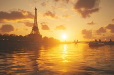Obraz premium A stunning sunrise over Paris with the Eiffel Tower silhouetted against