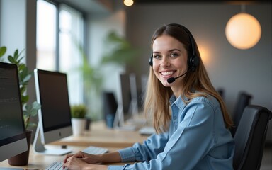 Webcam view, female support worker with headset smiling and looking at camera. Woman at workplace inside office, consulting and helping clients remotely online. High quality