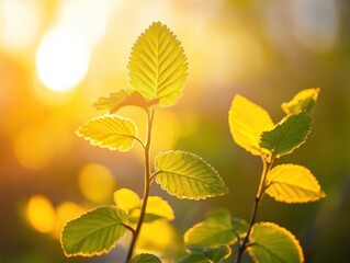 Fresh leaves bathed in golden sunlight