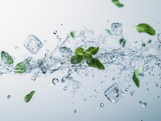 Fresh mint leaves and ice cubes in water