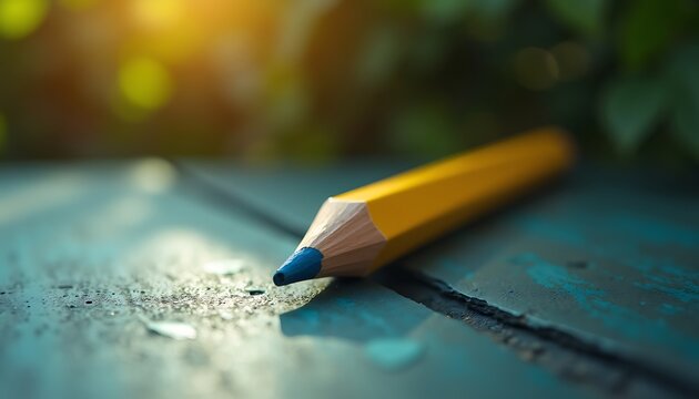 Close-up of a sharpened blue pencil resting on weathered blue wooden surface with sunlight - Powered by Adobe