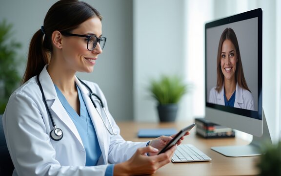 Female doctor therapist uses digital tablet, wearing glasses, white medical coat, stethoscope. Indoor session, remote online consultation via video call teleconference. Pro advice, medicine,