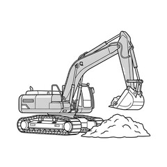 Excavator digger construction equipment vector illustration heavy machinery outline drawing on transparent background