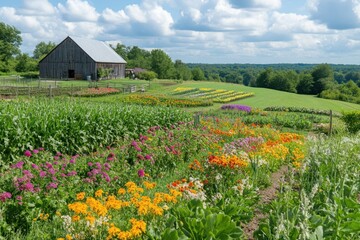Vibrant flower garden with a rustic barn and rolling hills under a partly cloudy sky.