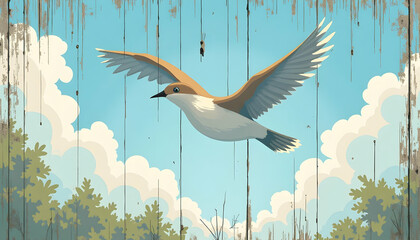 Bird Flying Against Wooden Background with Clouds and Trees